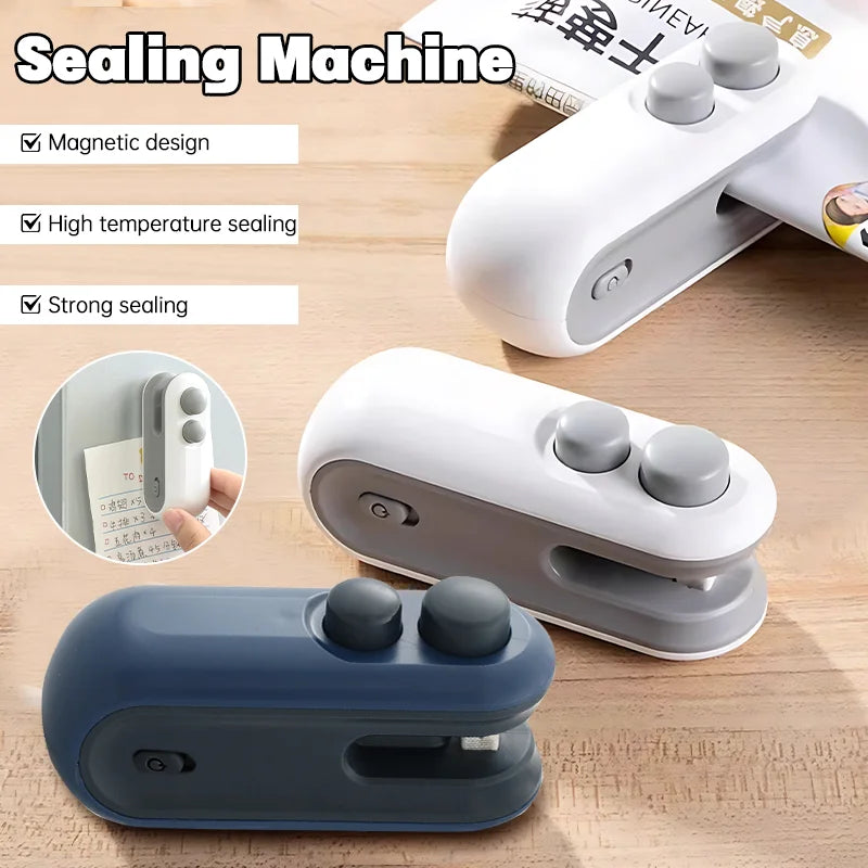 Rechargeable 2-in-1 mini bag sealer and cutter in white and blue